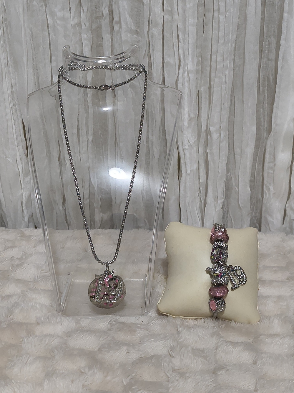 Silver-Tone Necklace and Pink Charm Bracelet Jewelry Set